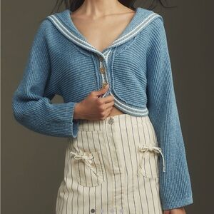 Anthropologie Blue Ribbed Cardigan with White Trim